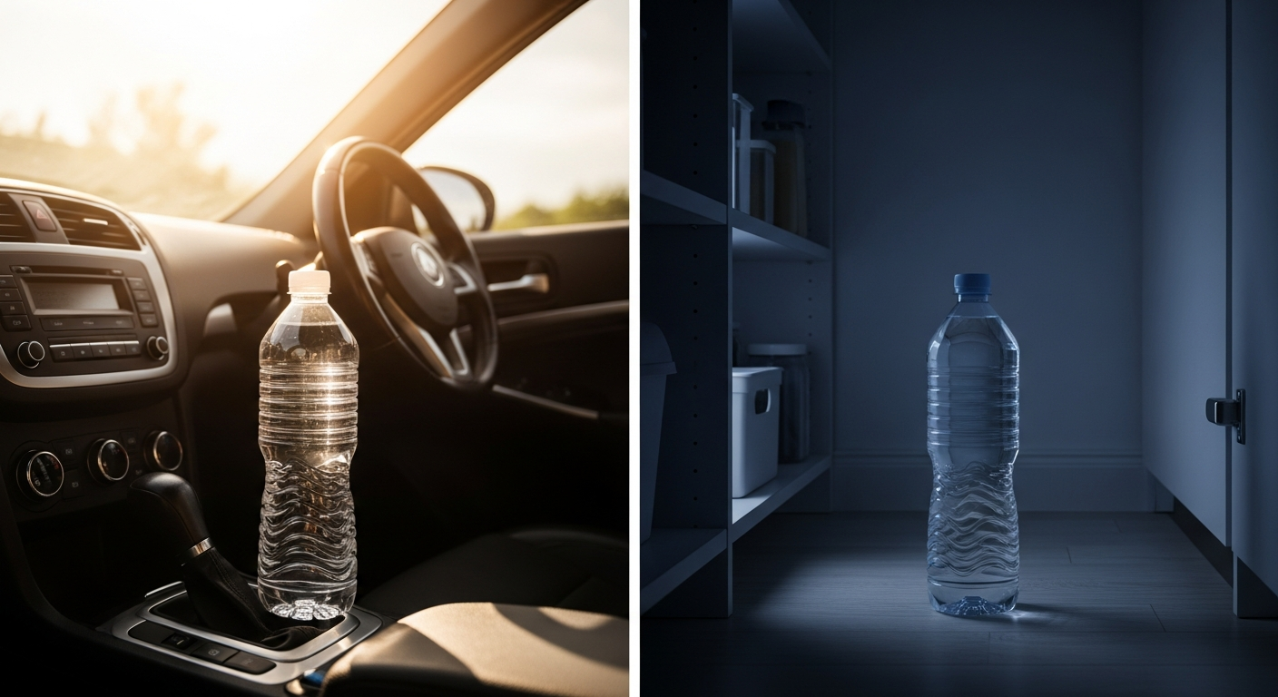 Plastic bottle in hot car vs. cool pantry