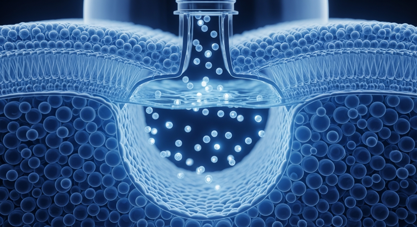 Cross-section showing chemical molecules migrating from plastic bottle wall into water
