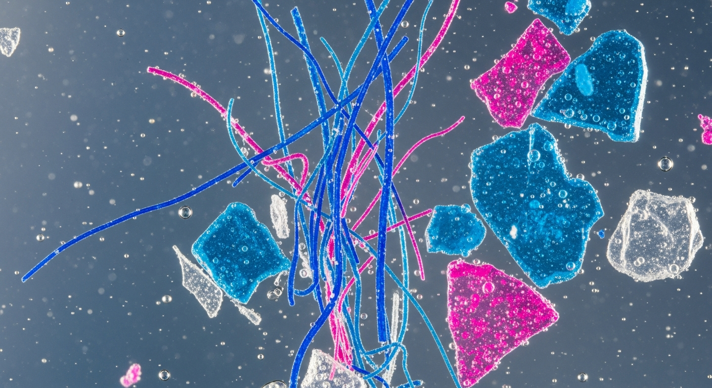 Microplastic particles under microscopy showing fibers and fragments in water