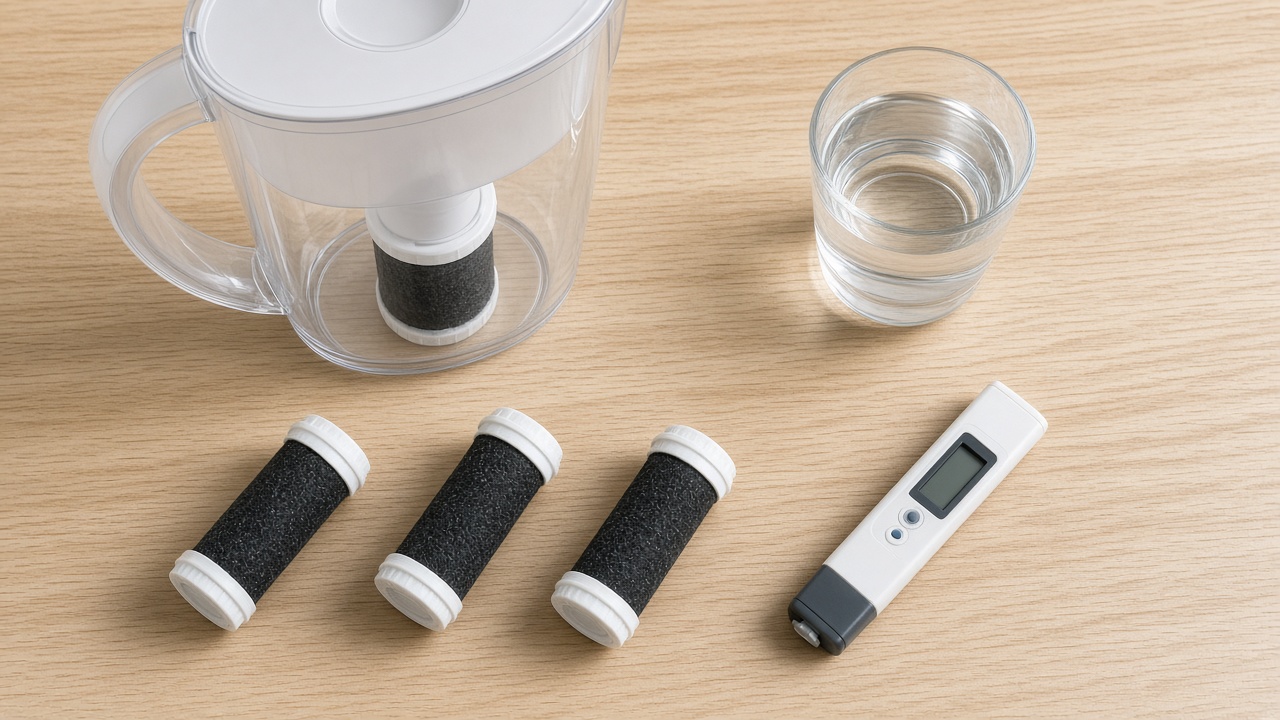 Water filter pitcher, replacement cartridges and a TDS tester on a kitchen counter