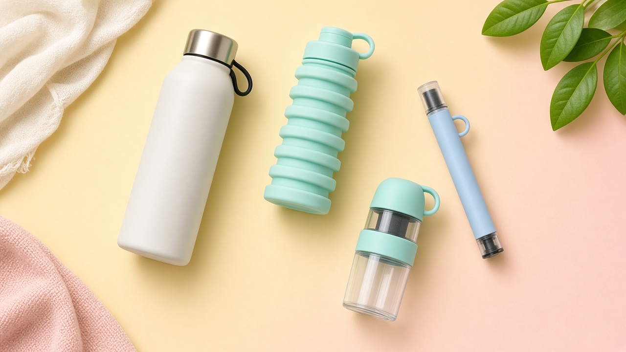 Water bottles and a filter straw on a bright counter