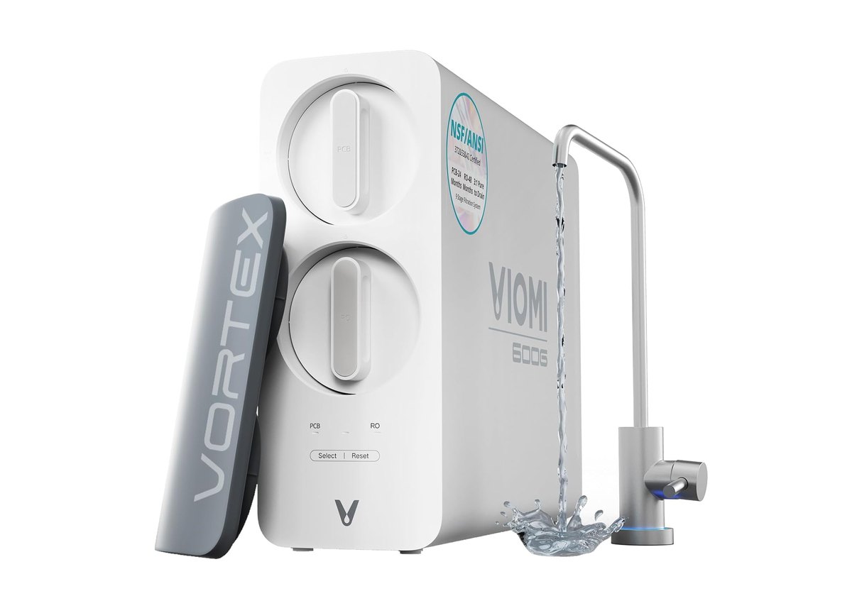 VIOMI V6 tankless under-sink reverse osmosis system with its dispensing faucet and a replacement filter cartridge