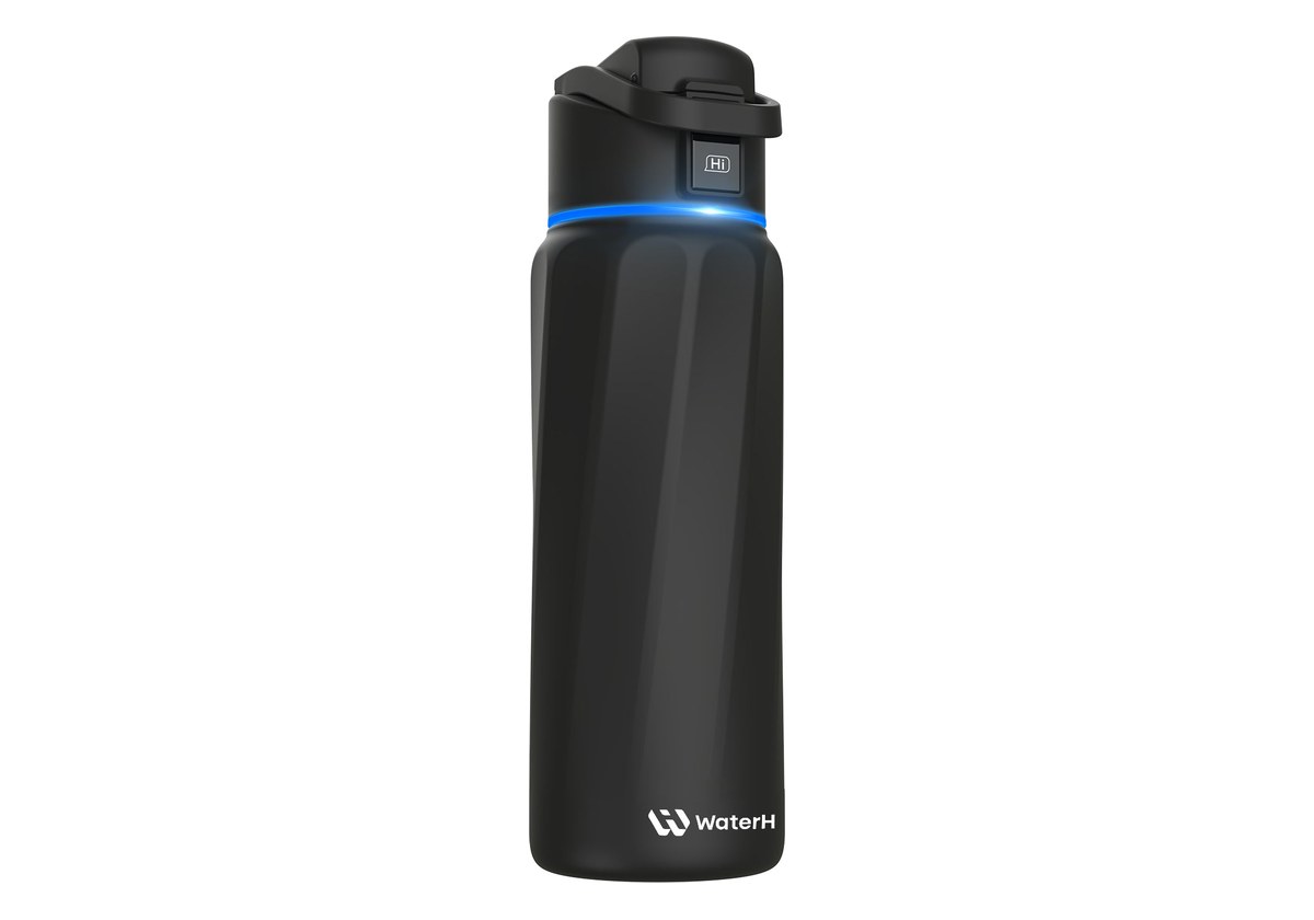 WaterH Boost 32 oz smart water bottle in black with its blue LED reminder ring