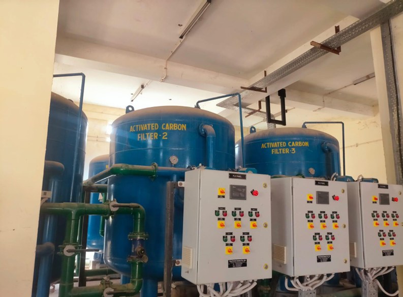 Activated carbon filter vessels in a water treatment room