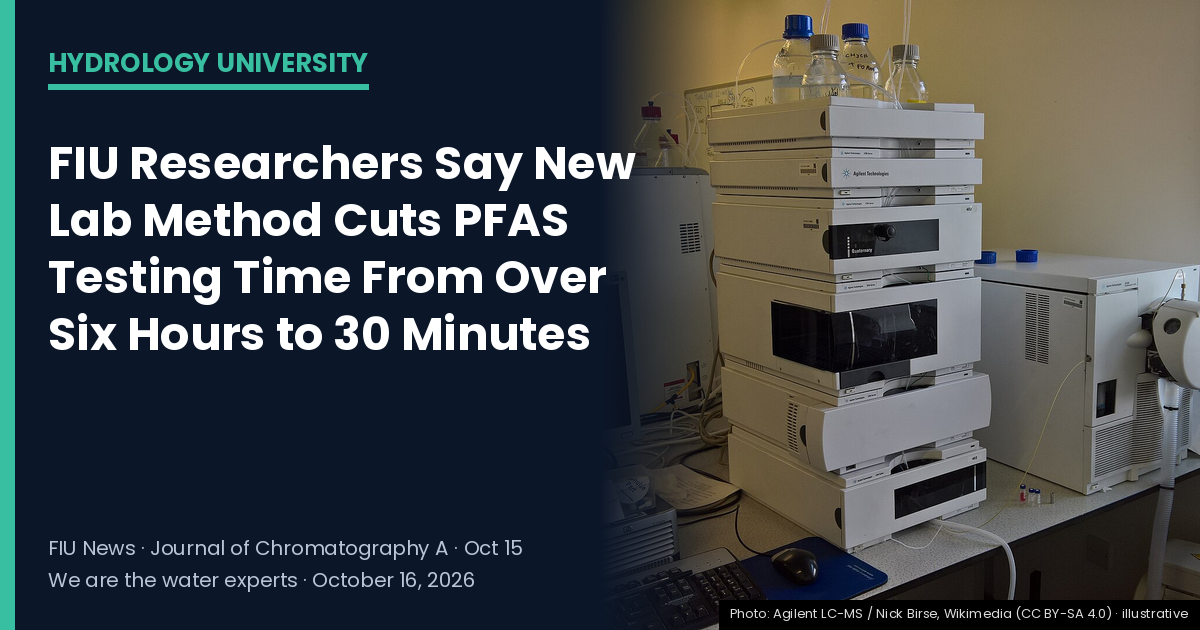 A laboratory LC-MS instrument with the headline "FIU Researchers Say New Lab Method Cuts PFAS Testing Time From Over Six Hours to 30 Minutes" — Hydrology University