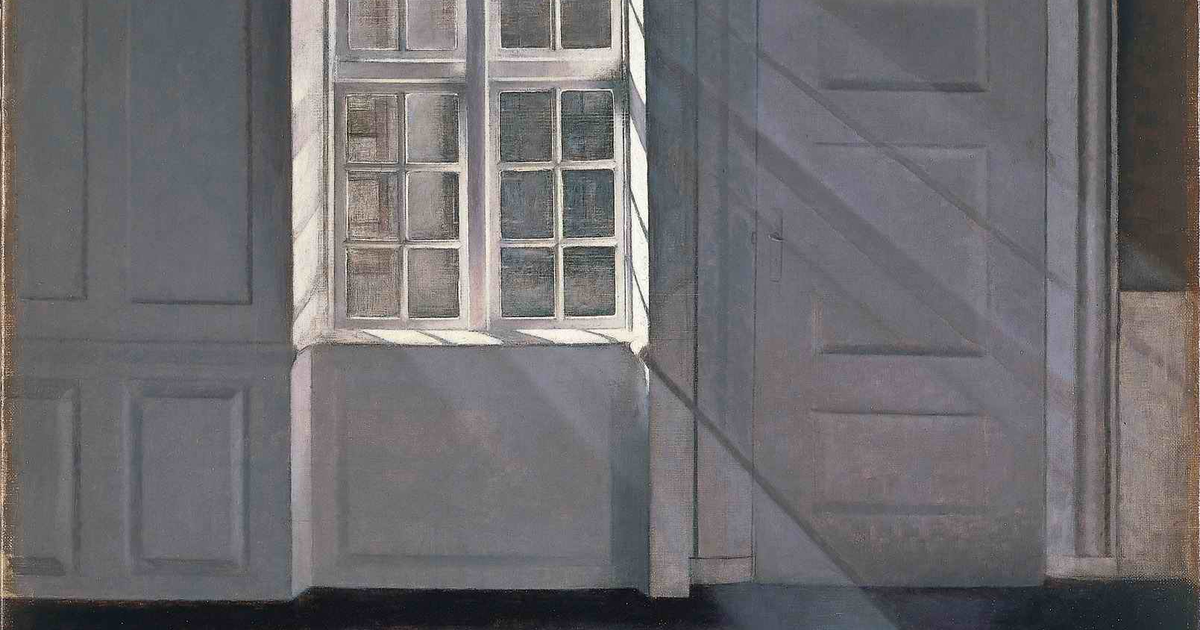 Sunlight falling through a window into an empty room, in a 1900 painting by Vilhelm Hammershøi.