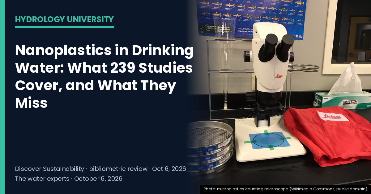 Microscope set up for counting microplastics in water samples, with the headline "Nanoplastics in Drinking Water: What 239 Studies Cover, and What They Miss" — Hydrology University