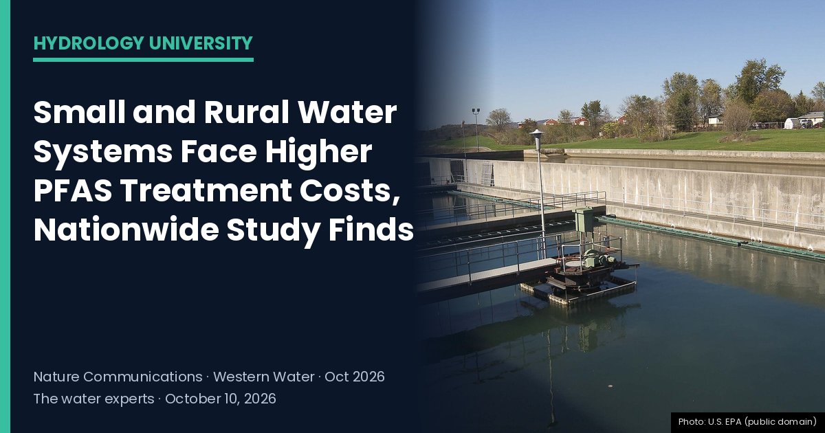 Open basins at a U.S. drinking water treatment plant during coagulation and filtration, with the headline "Small and Rural Water Systems Face Higher PFAS Treatment Costs, Nationwide Study Finds" — Hydrology University