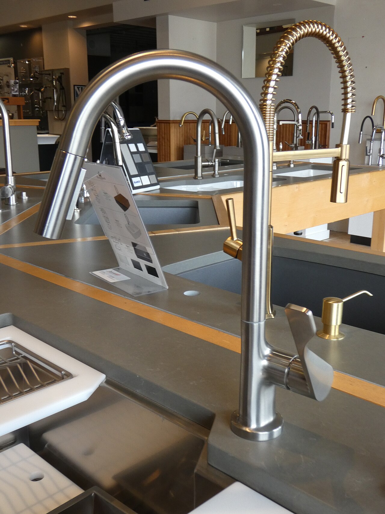 A stainless steel kitchen faucet
