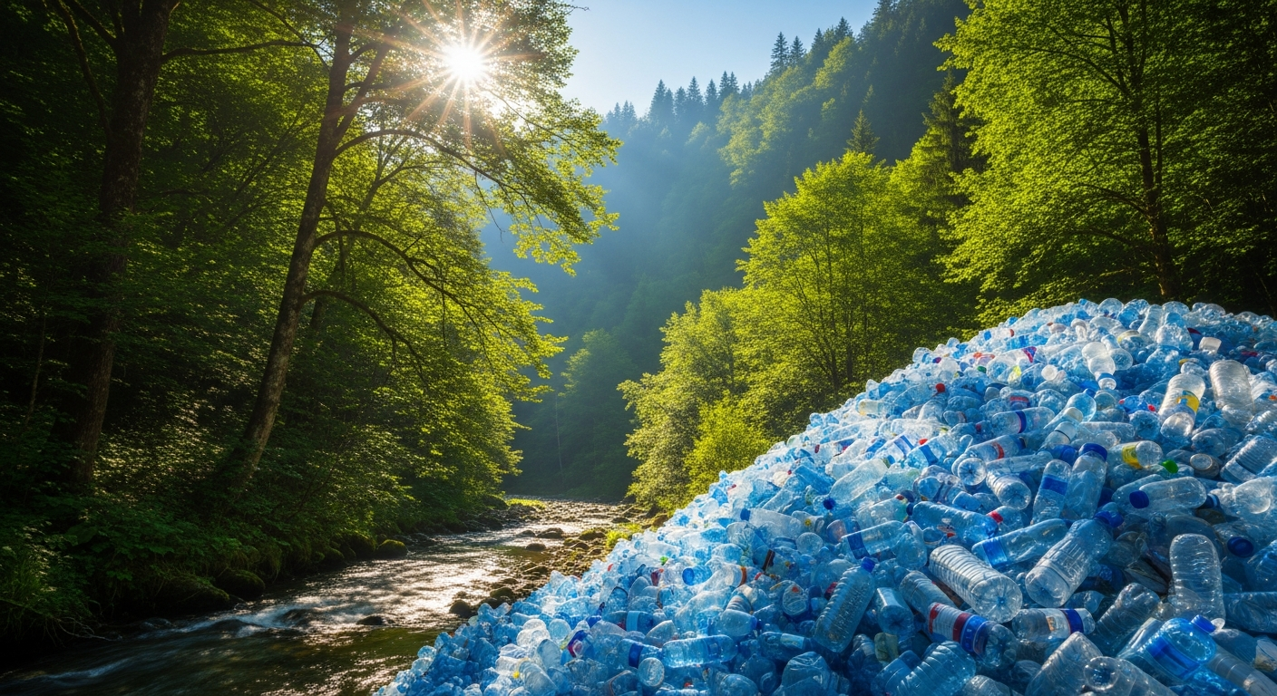 Discarded plastic bottles beside a clean forest stream