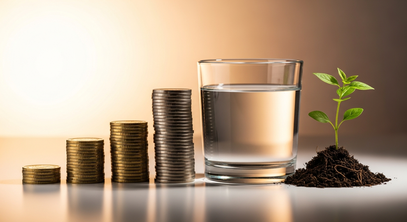 Stacks of coins growing beside a glass of clean water