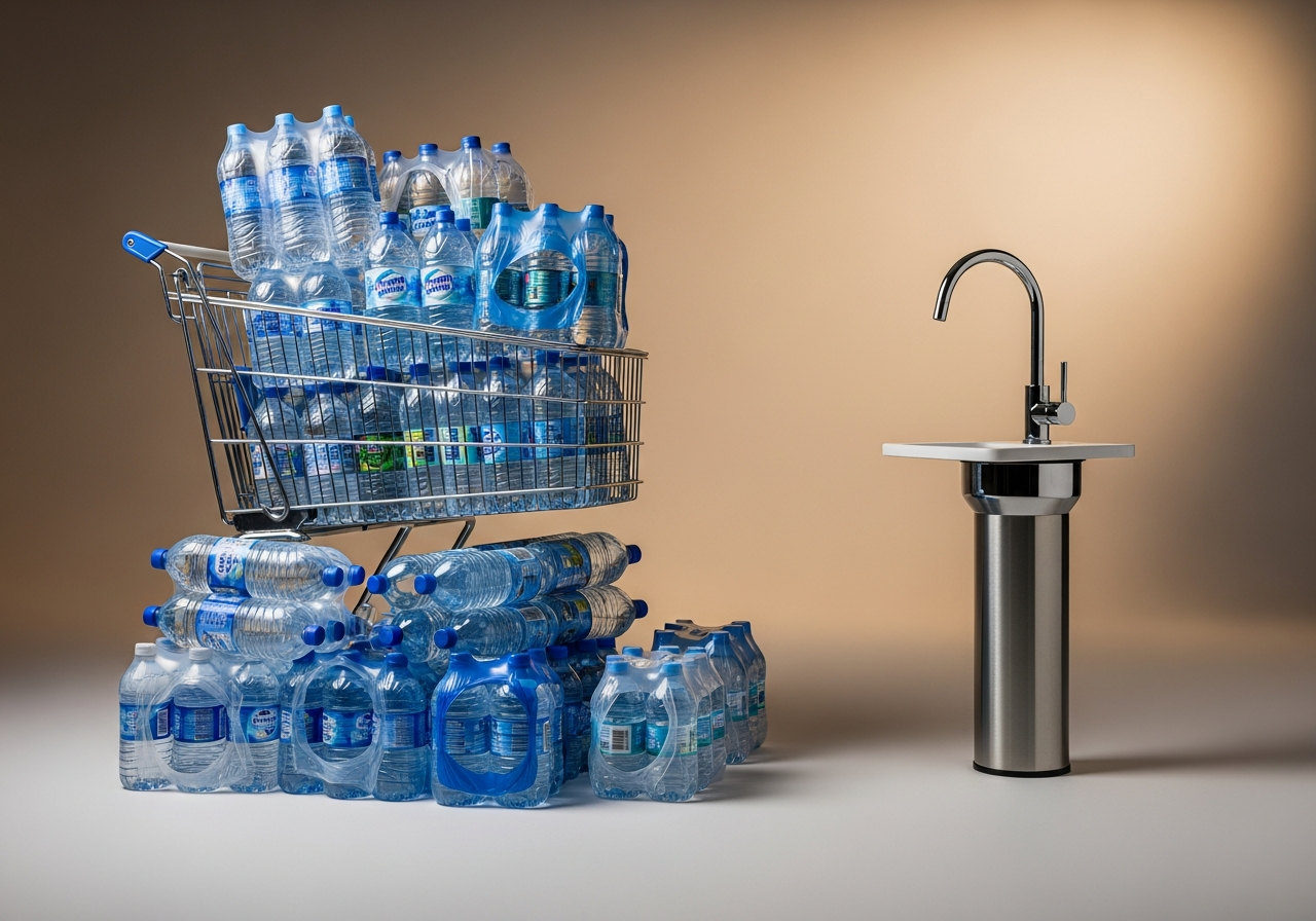 A cart full of bottled water beside a single home water system