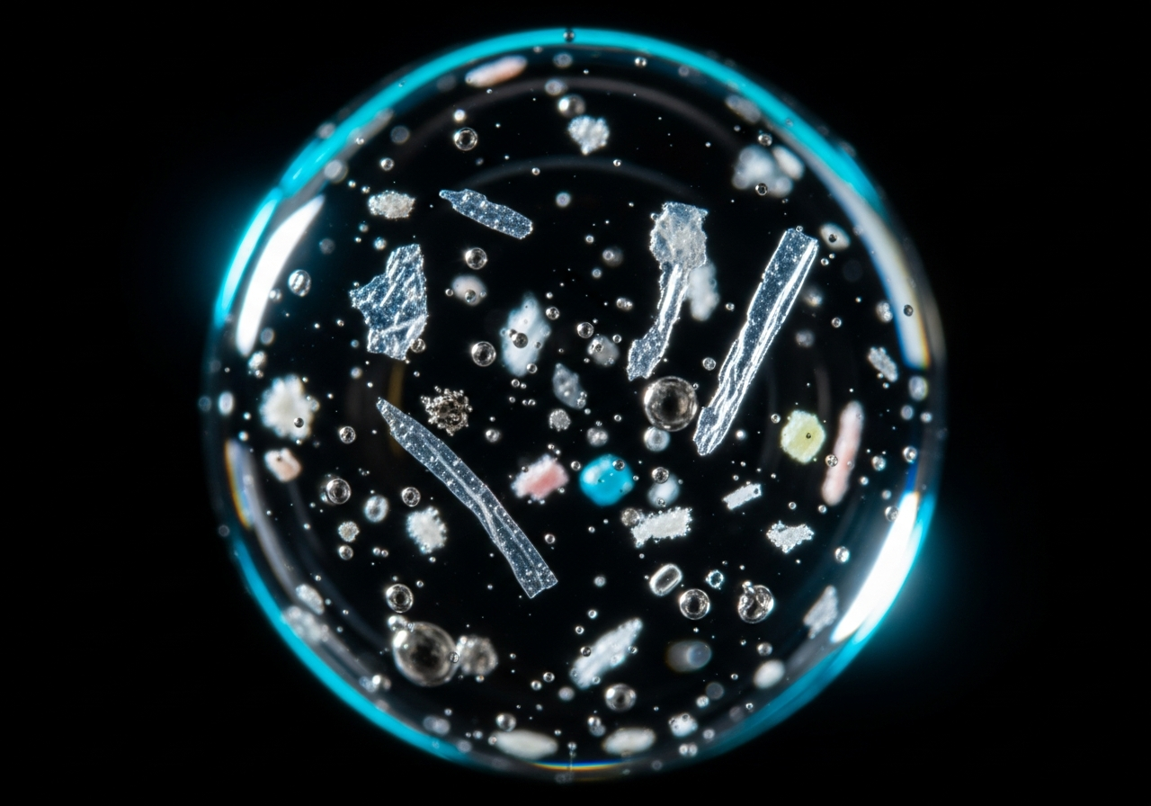 Macro view of contaminant particles inside a water droplet