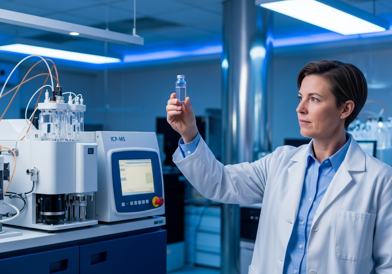Scientist testing a water sample beside a lab analyzer