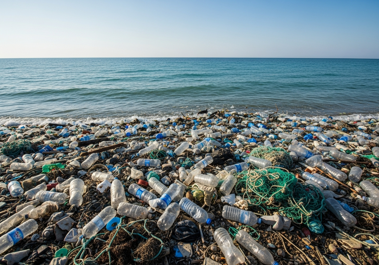Ocean shoreline polluted with floating plastic bottles