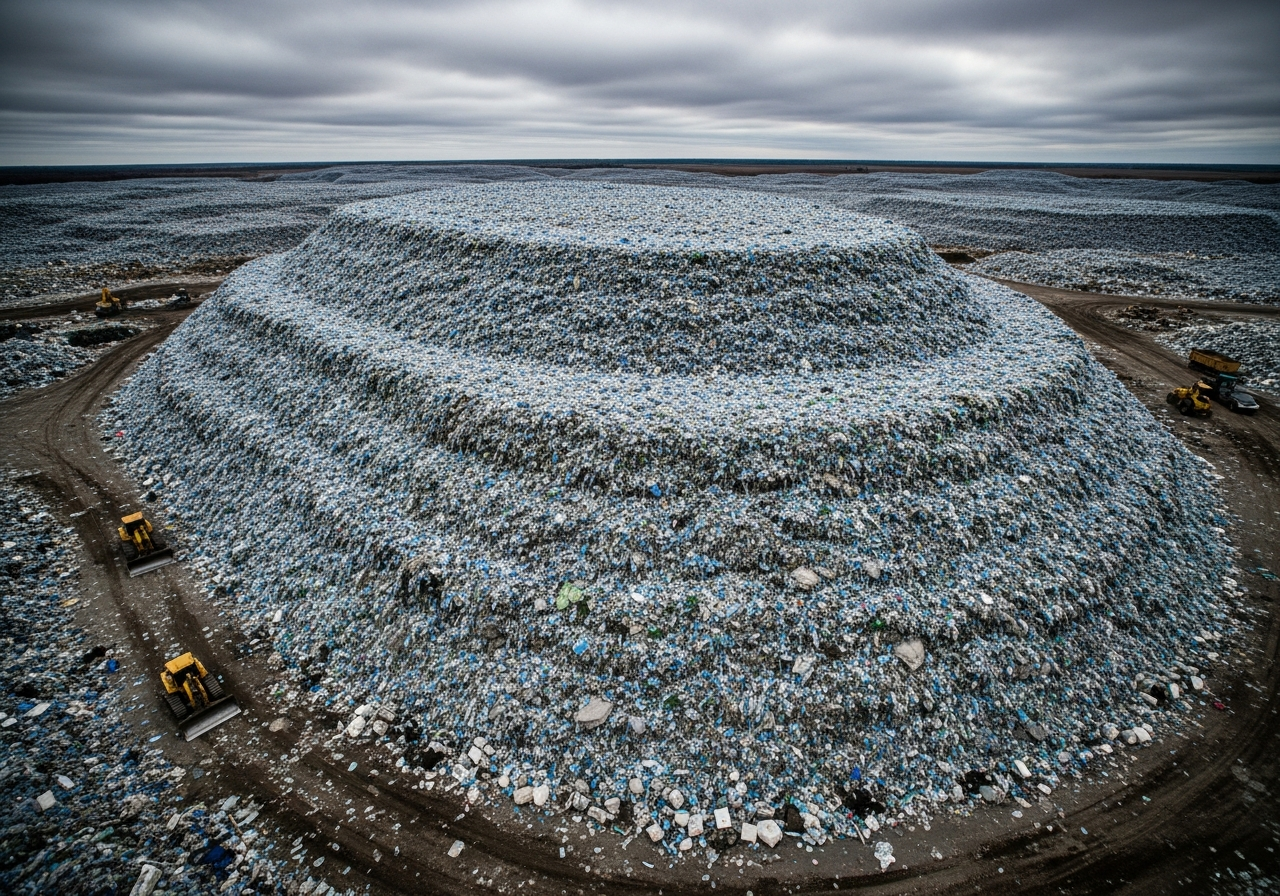 A vast landfill made of discarded plastic bottles
