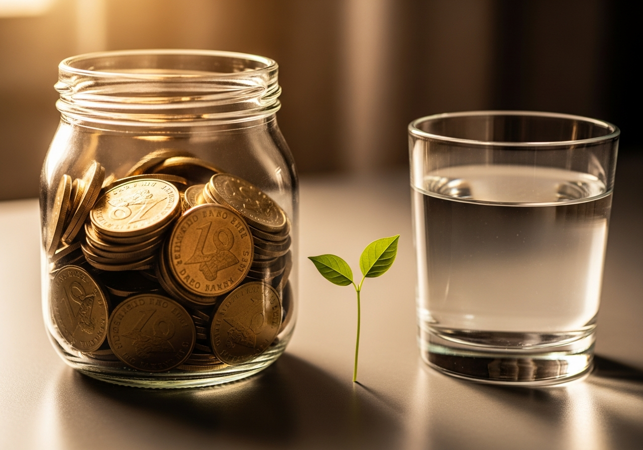 A jar filling with coins beside a glass of clean water