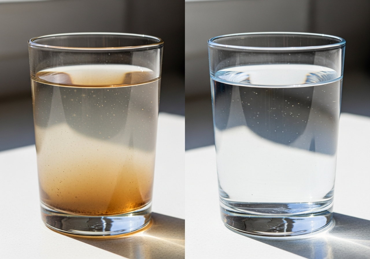 Murky tap water glass beside a crystal-clear purified water glass