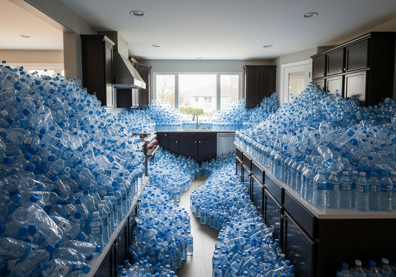 A home kitchen overflowing with a year of plastic bottles