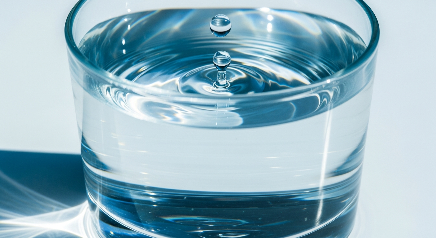 Crystal-clear glass of pure water with a falling droplet