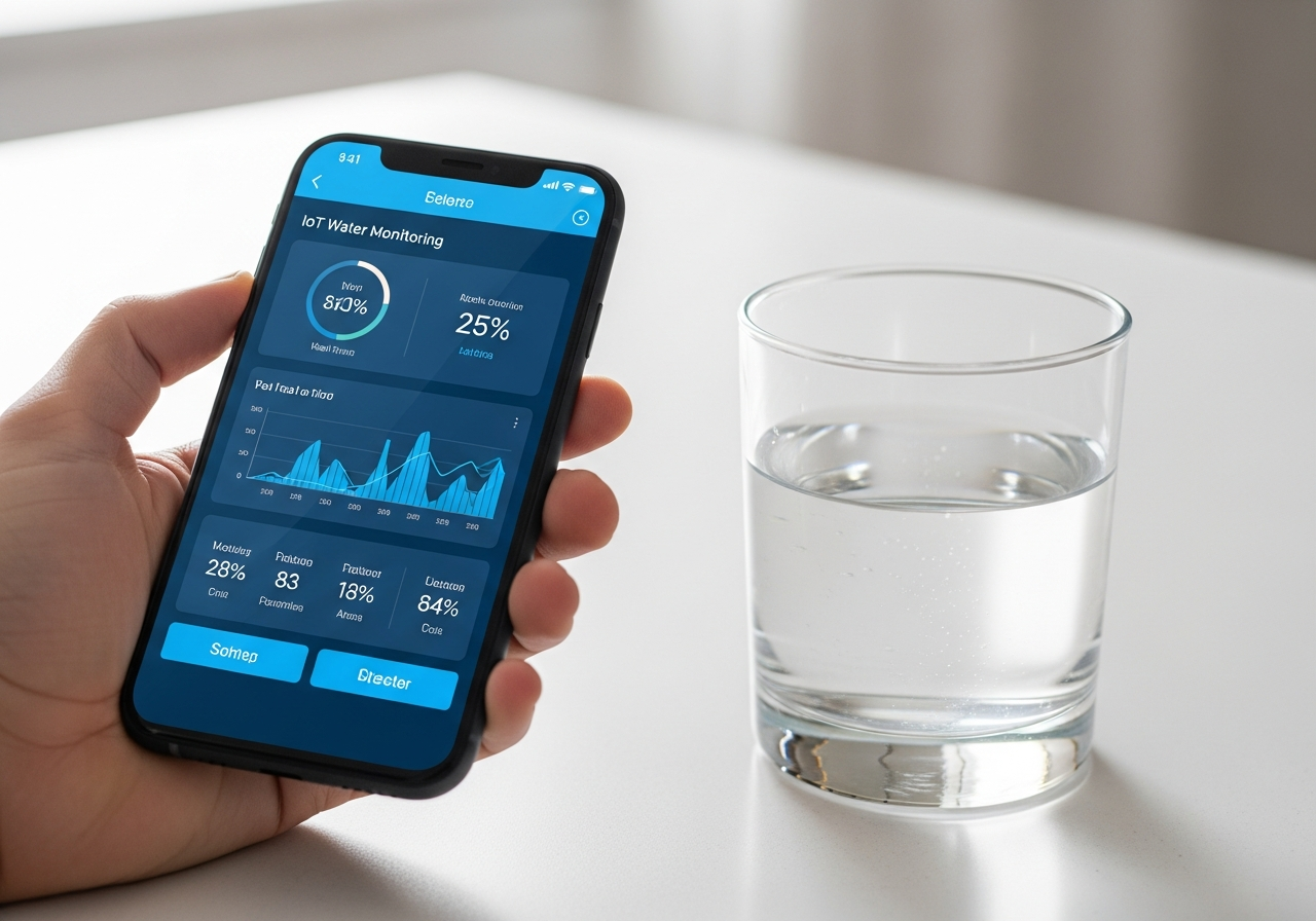 Smart IoT water monitoring on a phone beside a glass of clean water