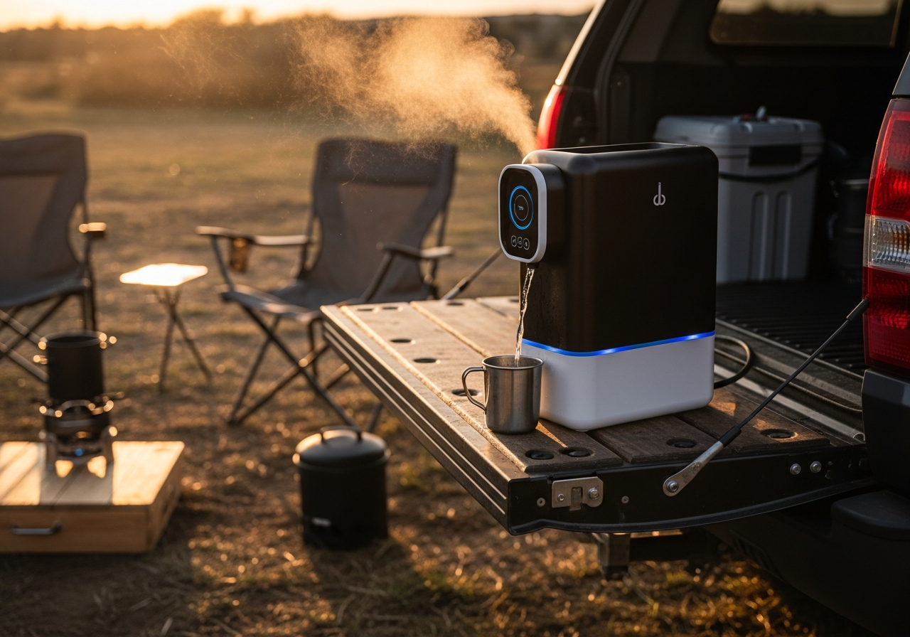Compact portable WaterCube 10 atmospheric water generator in an outdoor mobile setting