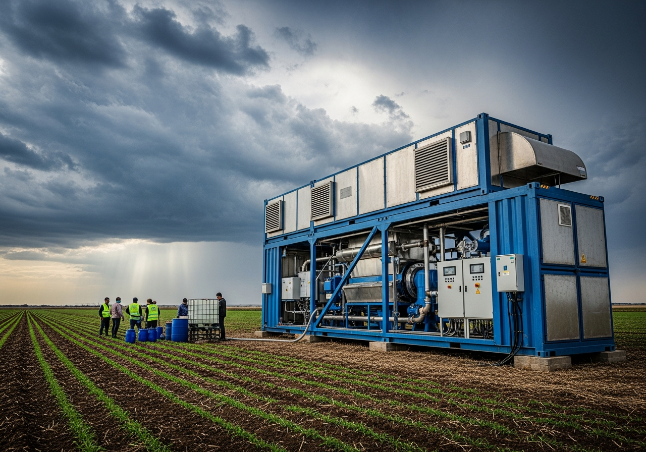 Industrial container-sized WaterCube 1000 atmospheric water generator in an agricultural field