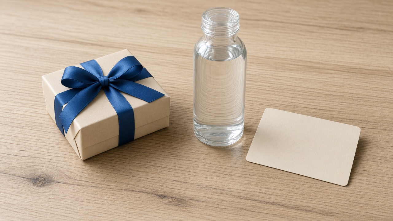 Wrapped gift box and gift card beside a glass bottle of water