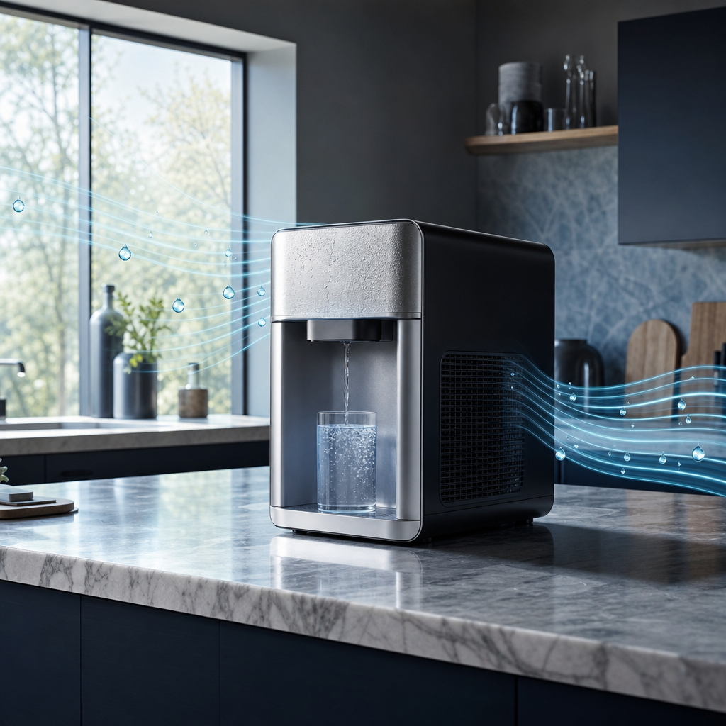 Conceptual illustration of a countertop air-to-water generator in a modern kitchen