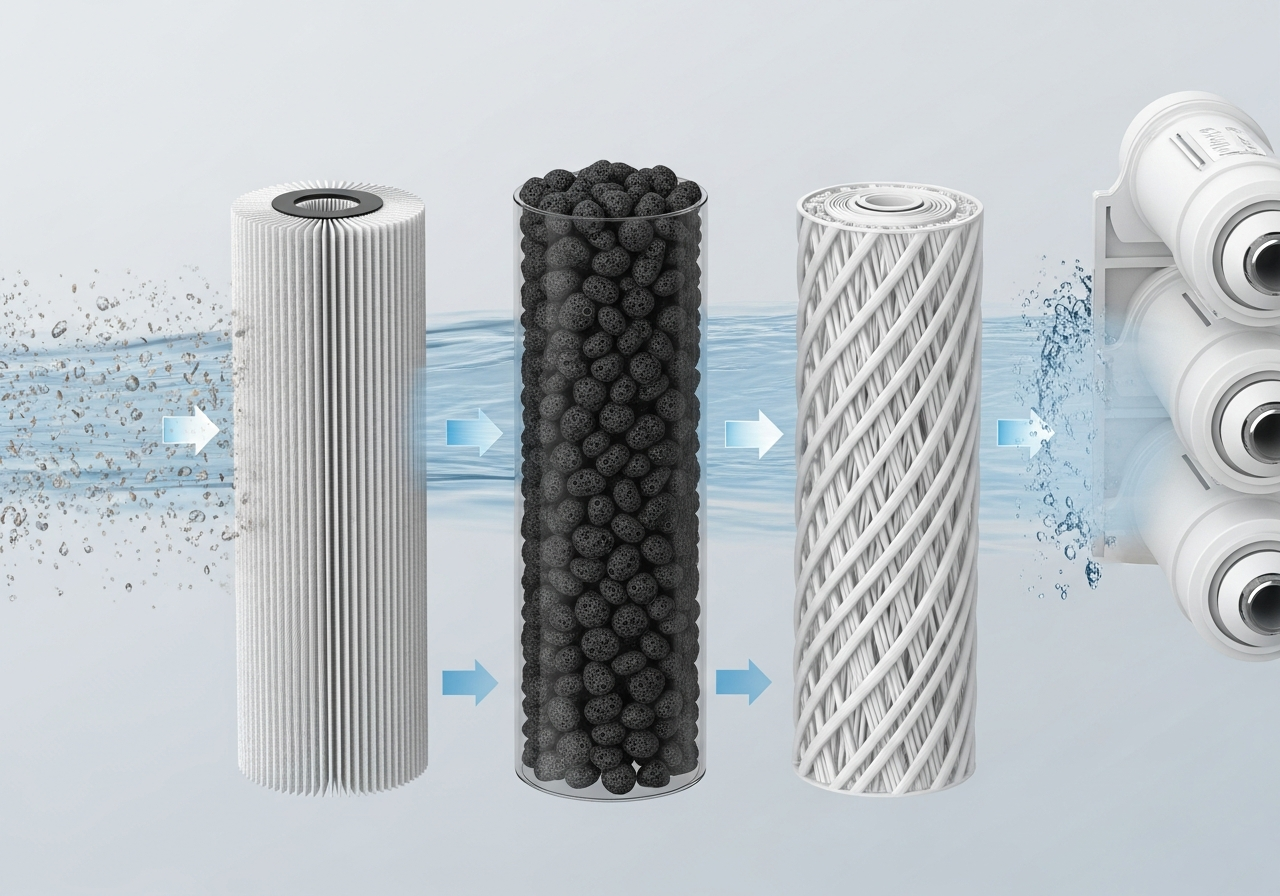 Layered cartridges: sediment, activated carbon, and a reverse osmosis membrane in sequence.