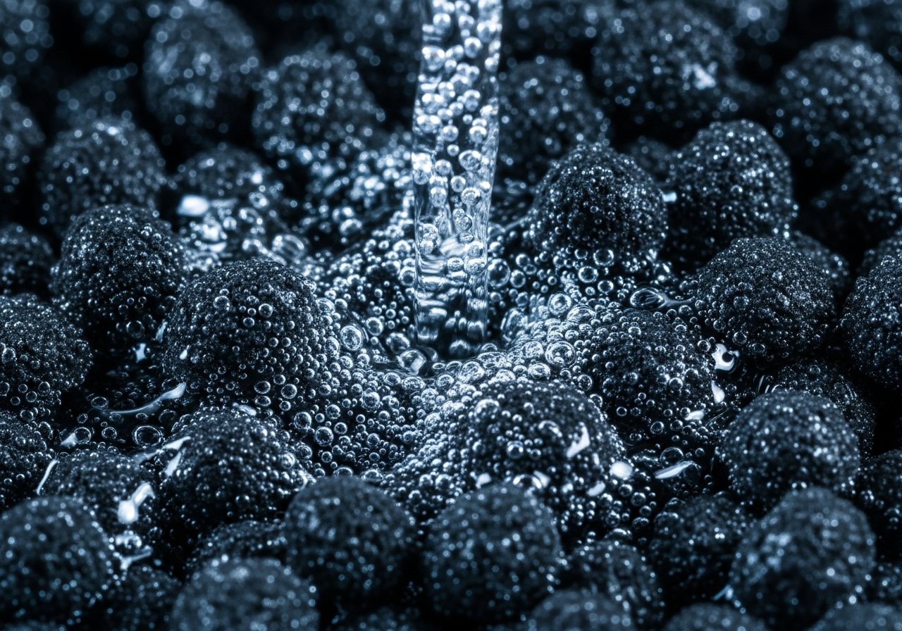 Activated-carbon granules present a vast internal surface that adsorbs odors and organics.