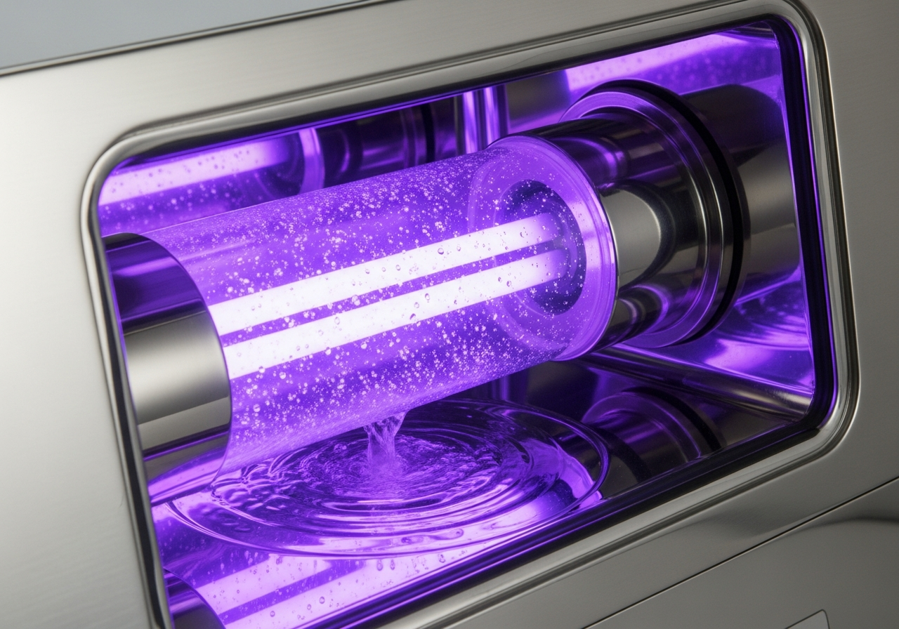 A germicidal UV-C lamp inside a stainless chamber irradiates passing water.