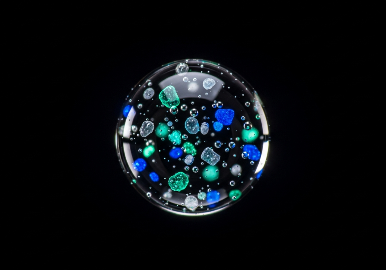 Microplastic particles suspended in a water droplet